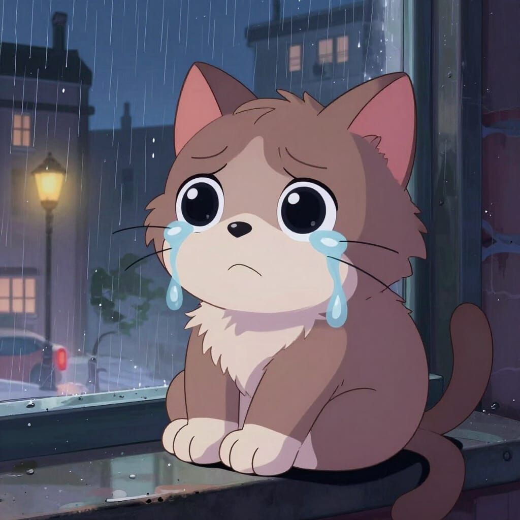 Sad Cartoon Cat Cries Over Rainy Cityscape