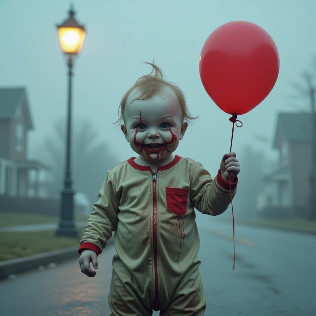 Grotesque Baby with Balloon in Cinematic Style