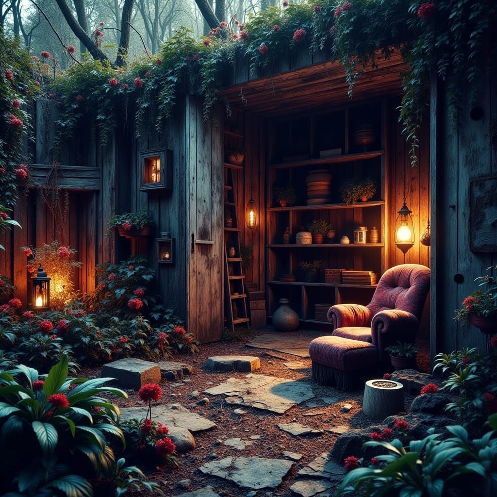 Cozy Post-Apocalyptic Bunker Garden, Syd Mead Style