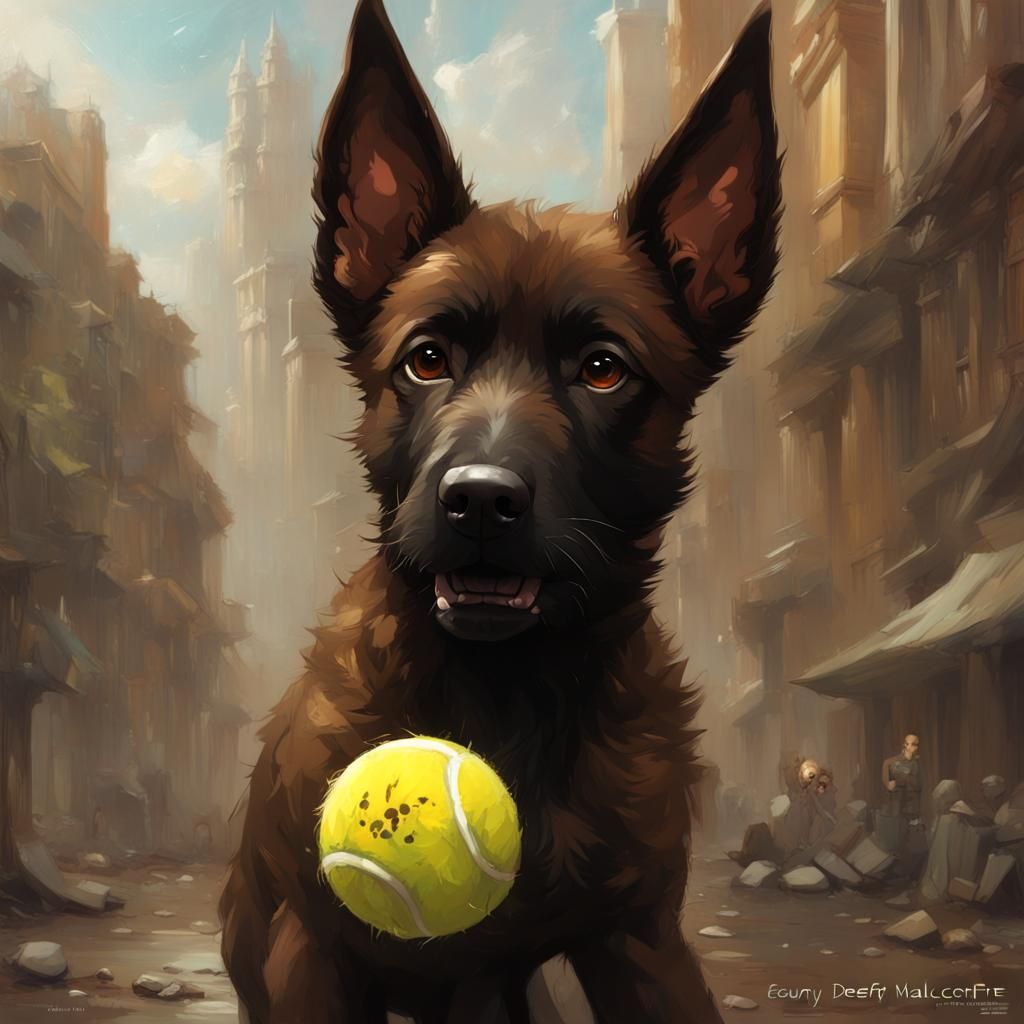 Anthropomorphic Malinois Dog Catching Ball: Detailed Digital...
