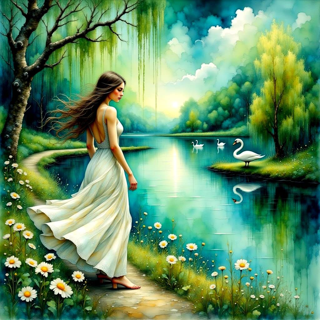 Swan on River in Watercolor with Willows