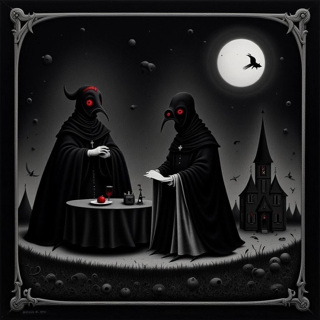 Dark Gothic Dreamscape with Plague Doctors and Gothic Church...