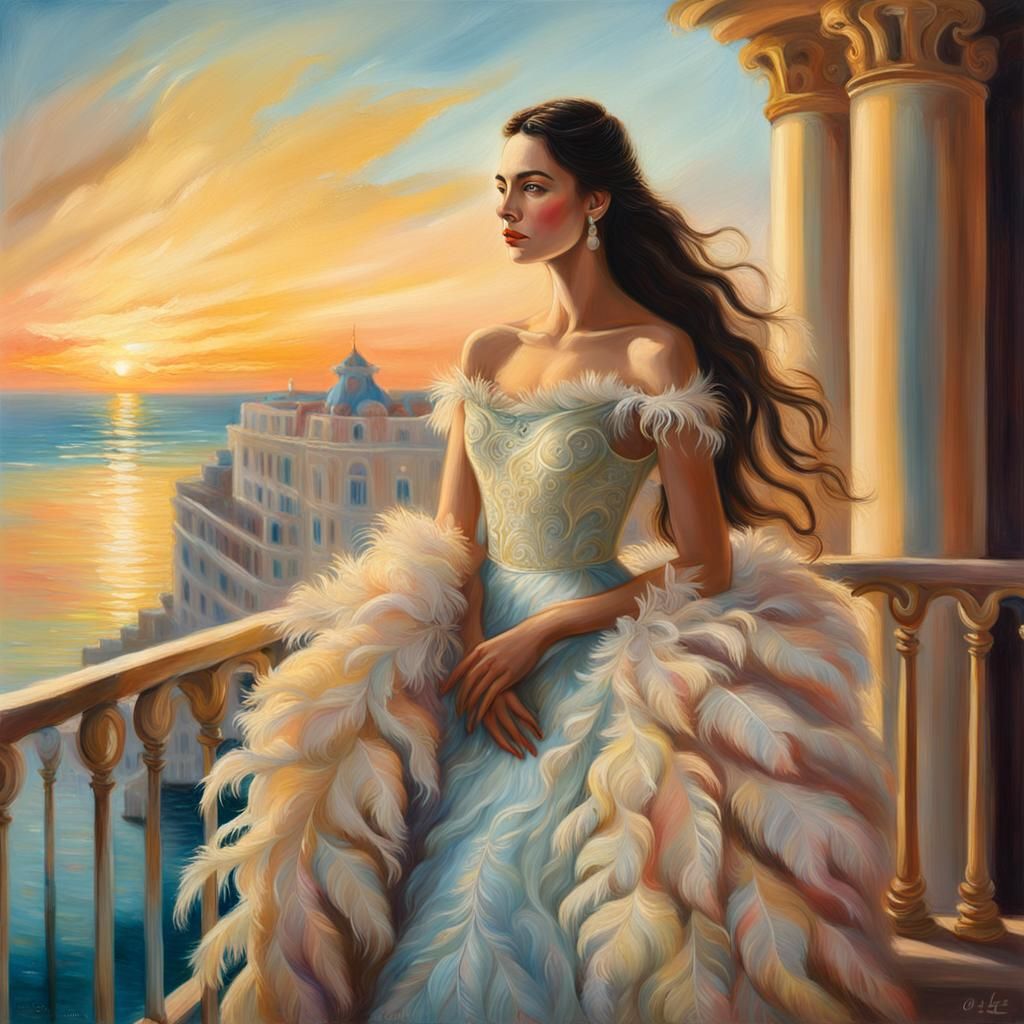 Romantic Surrealist Woman in Feather Gown