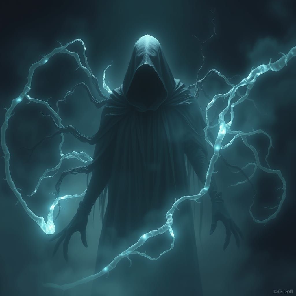 Ethereal Dark Figure in Noir Futuristic Style