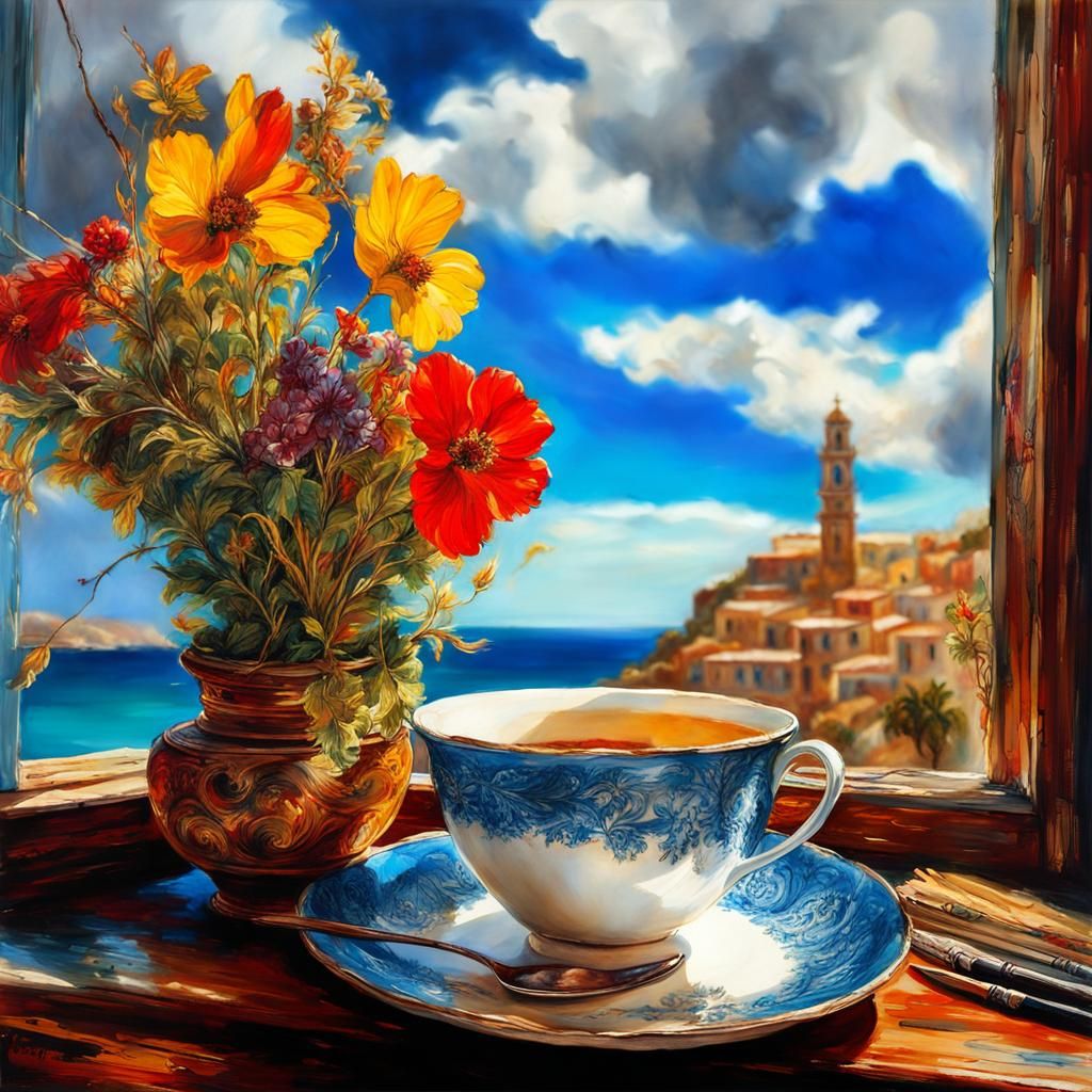 Mediterranean Window View in Oil Painting Style