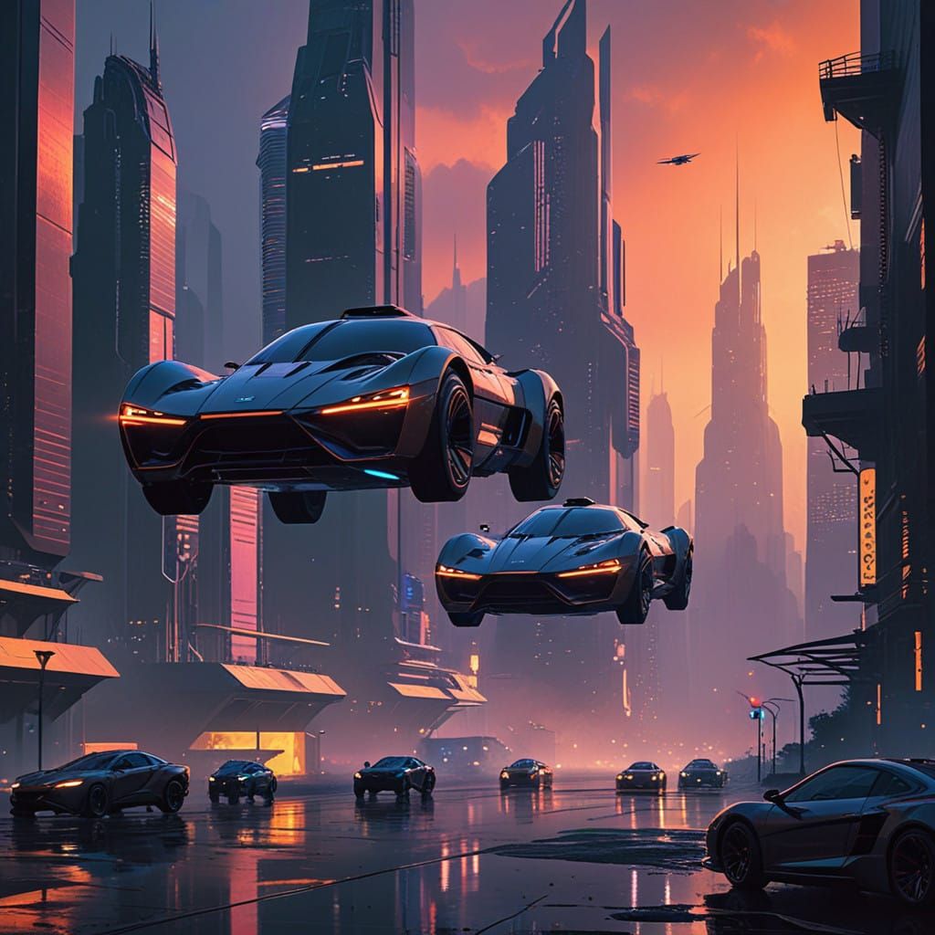 Sleek Futuristic Flying Cars Soar Through Neon Cityscape