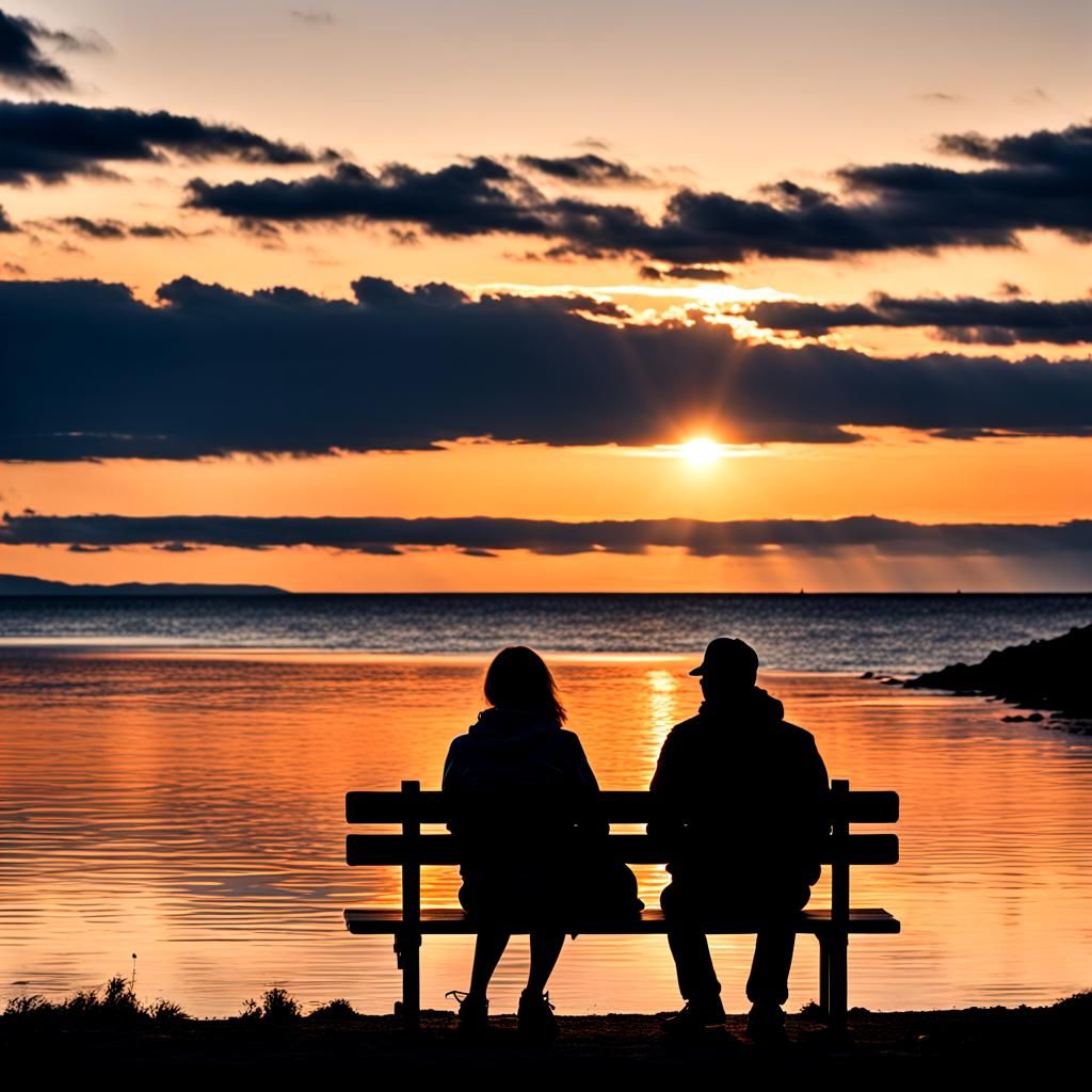 Silhouette Couple Watching Sunset from Bench