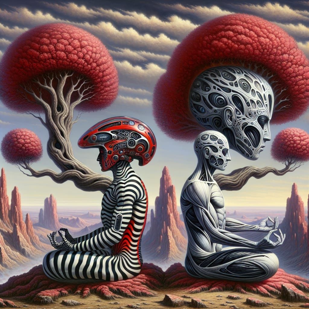Mysterious Striped Beings Meditate Amidst a Fantastical Land...