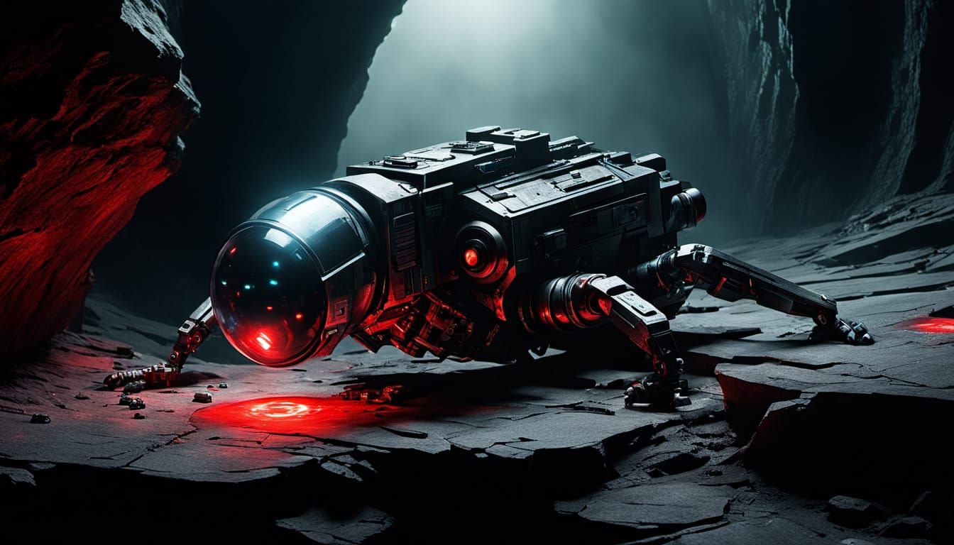 Cyborg Explorer in Obsidian Cavern: Sci-Fi Horror