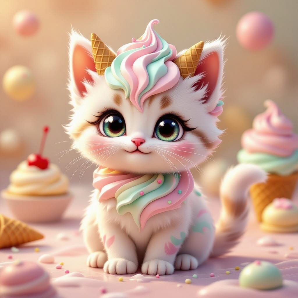 Ice Cream Kitten Portrait in 3D Style