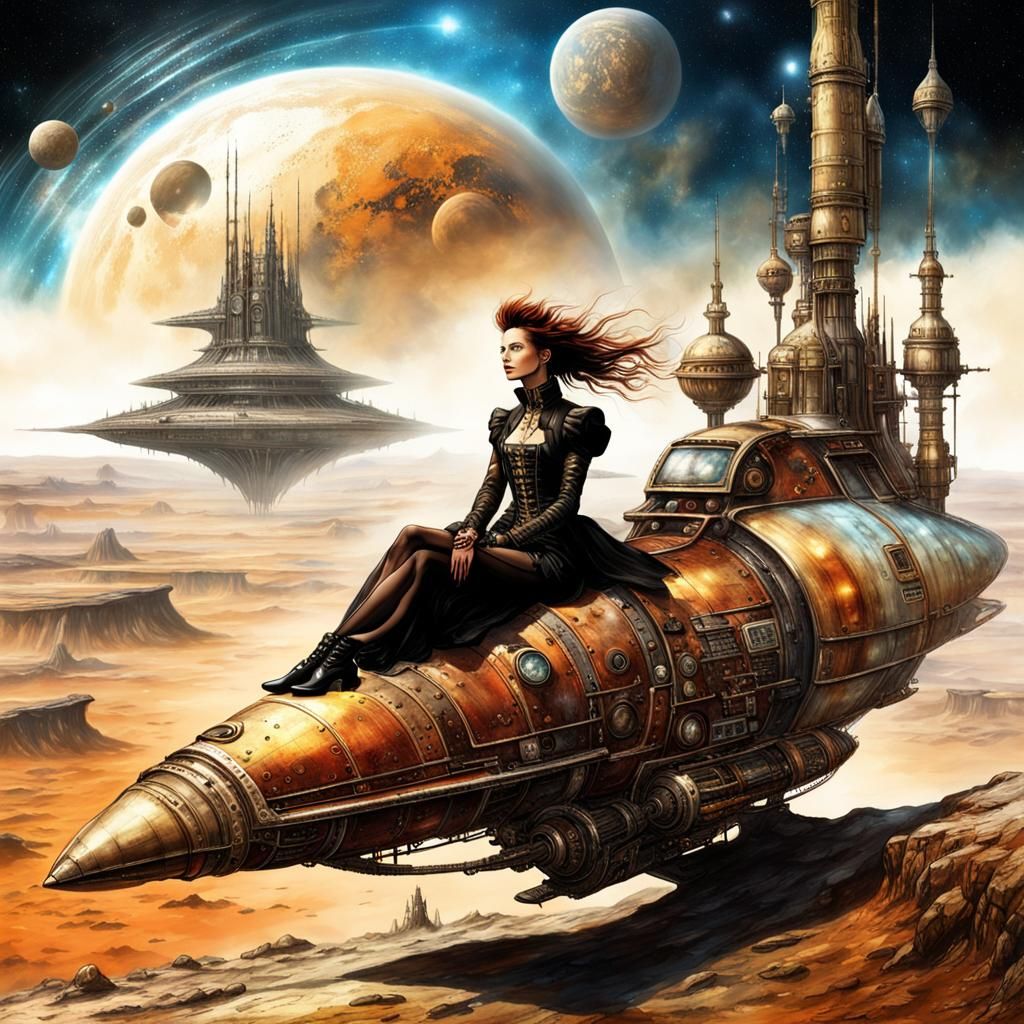 Steampunk Space Explorer Over Distant Planet