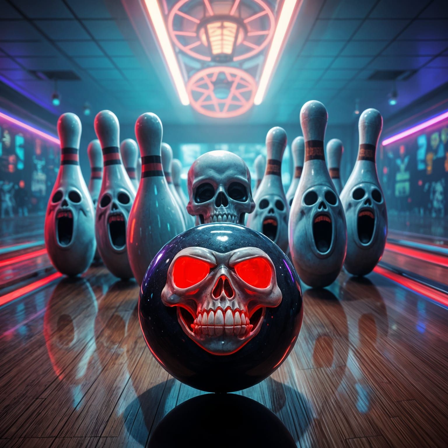 Surreal Bowling Scene with Neon Lighting and Ghostly Pins