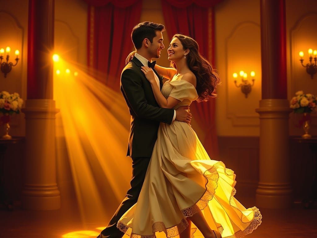 Romantic Couple Dancing in Golden Light, Art Nouveau Style