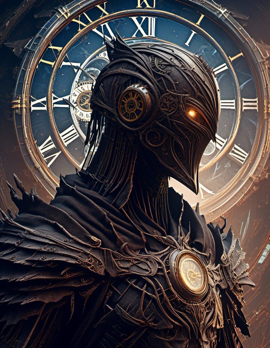 Cybernetic Clock-Man in Dark Fantasy Armor