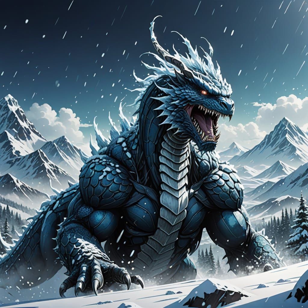 Surreal Anime Hydra Emerges from Snowy Mountain