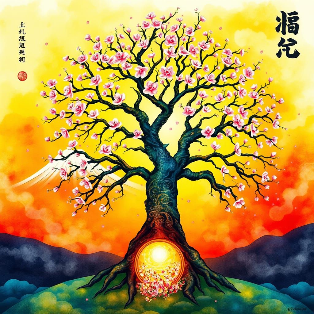 Surreal Watercolor Tree of Life with Glowing Portal at Sunse...