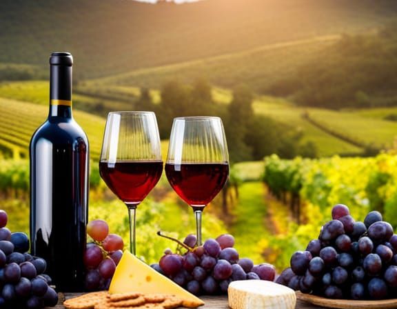 Italian vineyard, wine tasting table with cheese and biscuit...