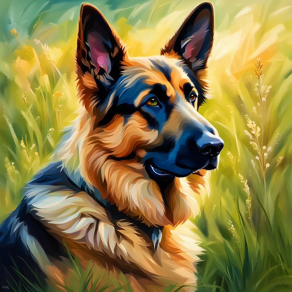 Friendly German Shepherd in Impressionist Meadow
