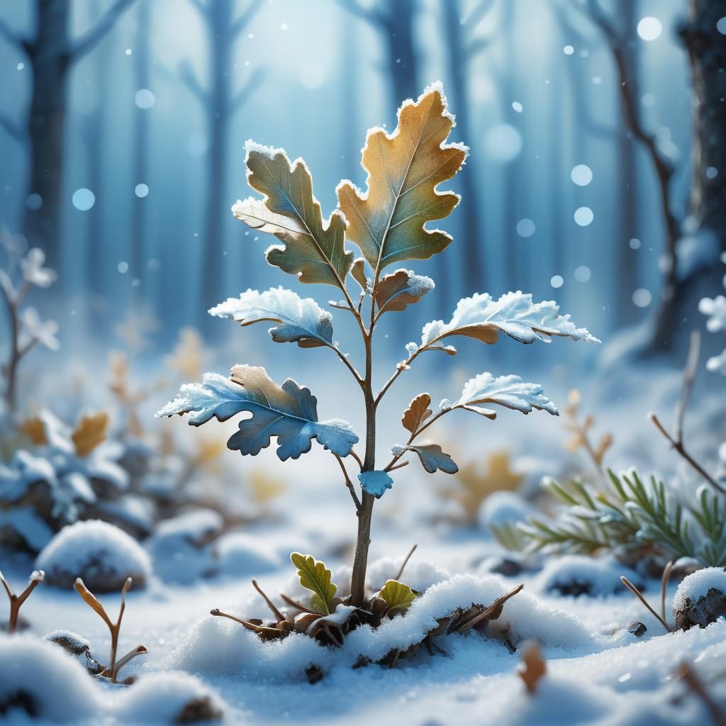 Oak Seedling Emerges in Snowy Forest