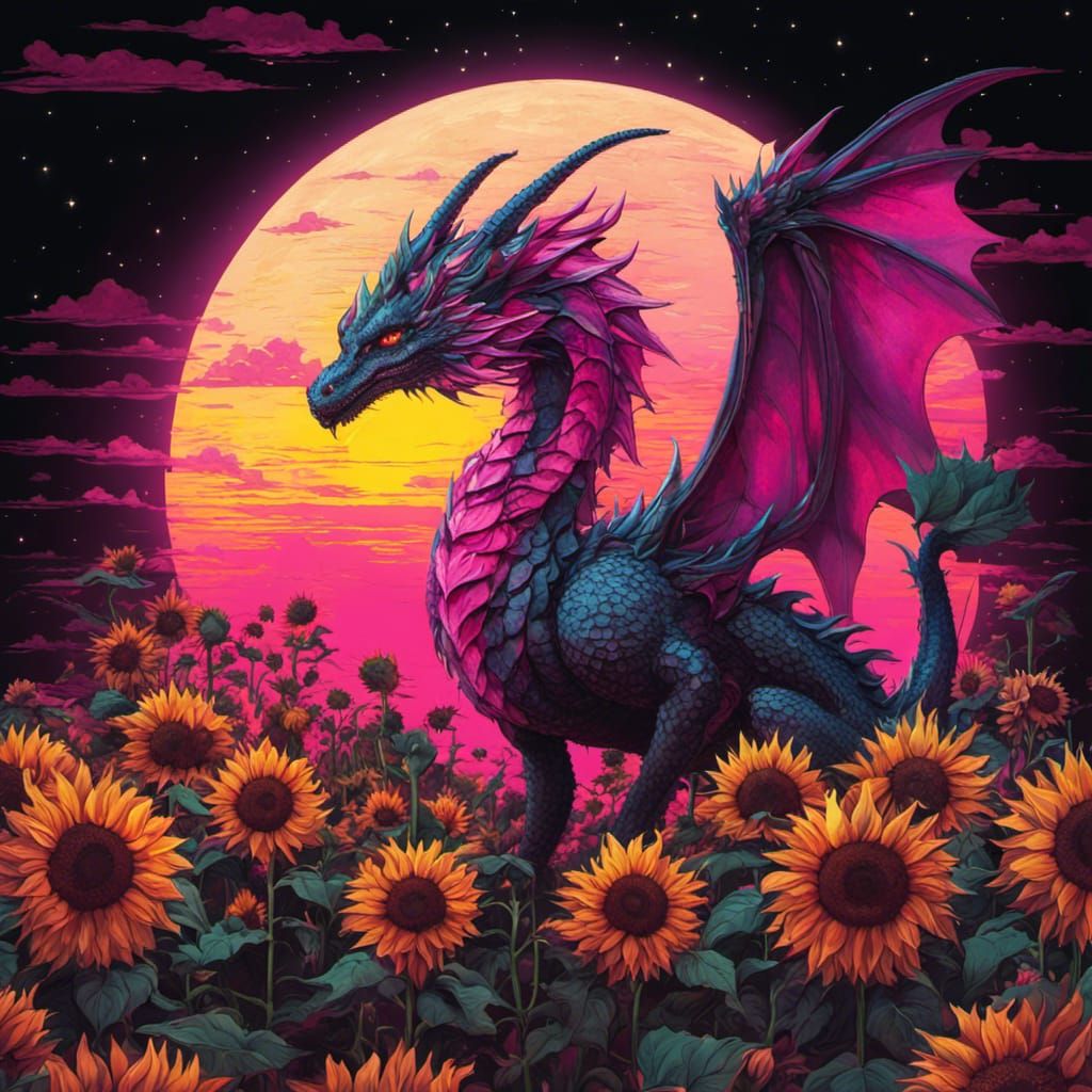 Cyberpunk Dragon in Sunflower Field Under Pink Moon