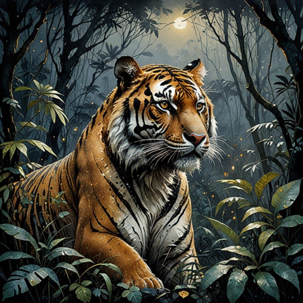 Grimdark Jungle Tiger in a Starry Night Painting