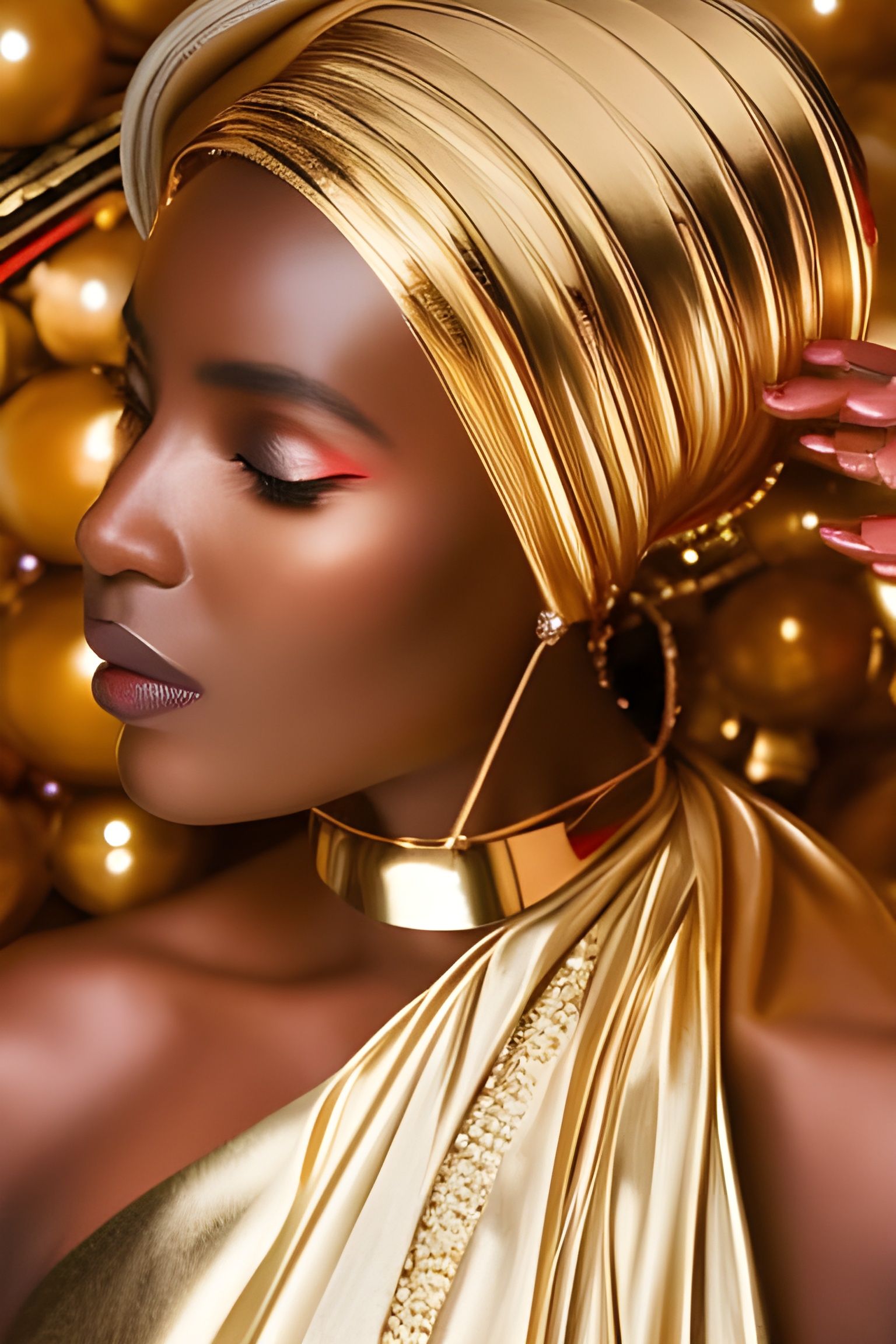 Elegant Afrofuturist Woman in Gold, Digital Portrait