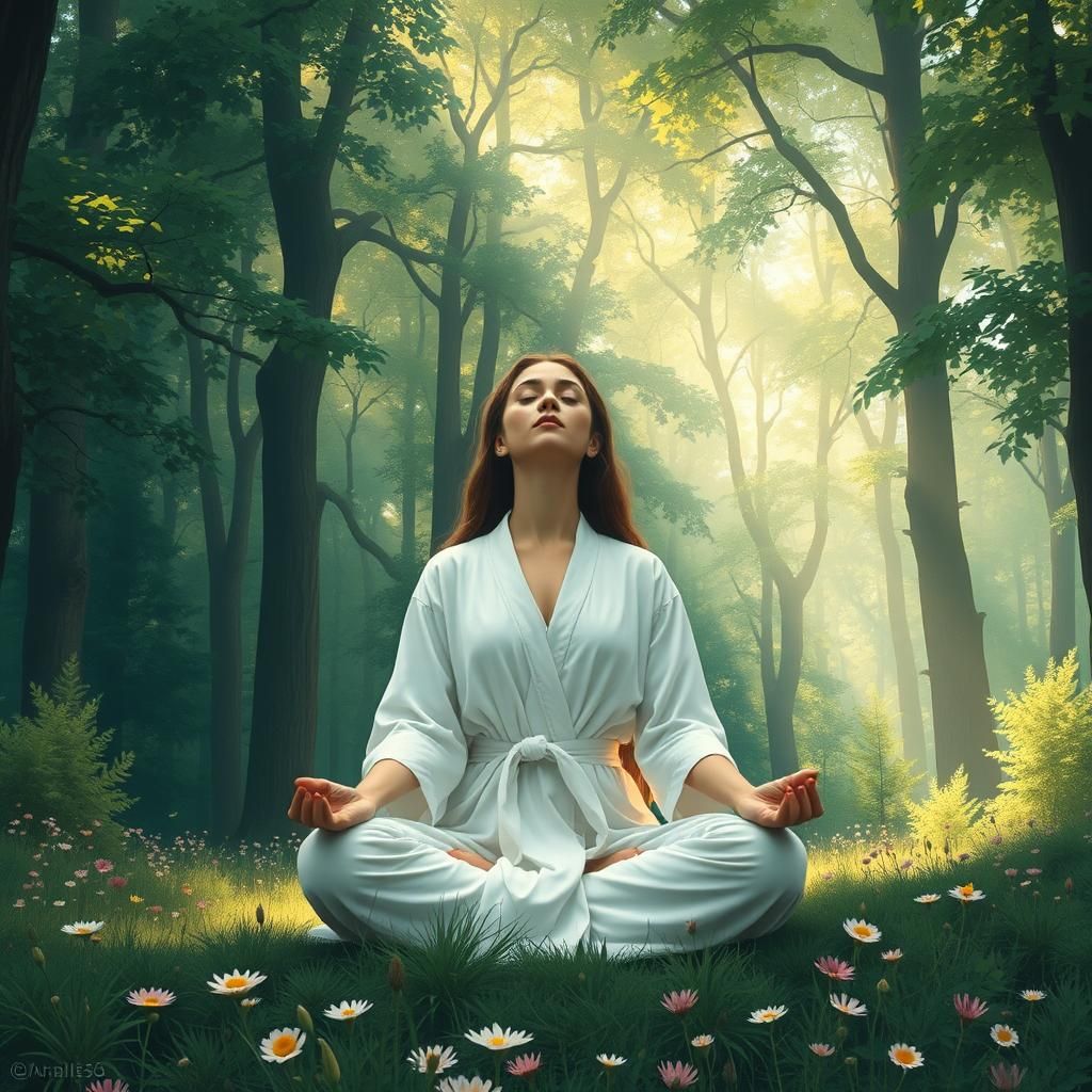 Meditating Woman in Lush Forest, Digital Illustration