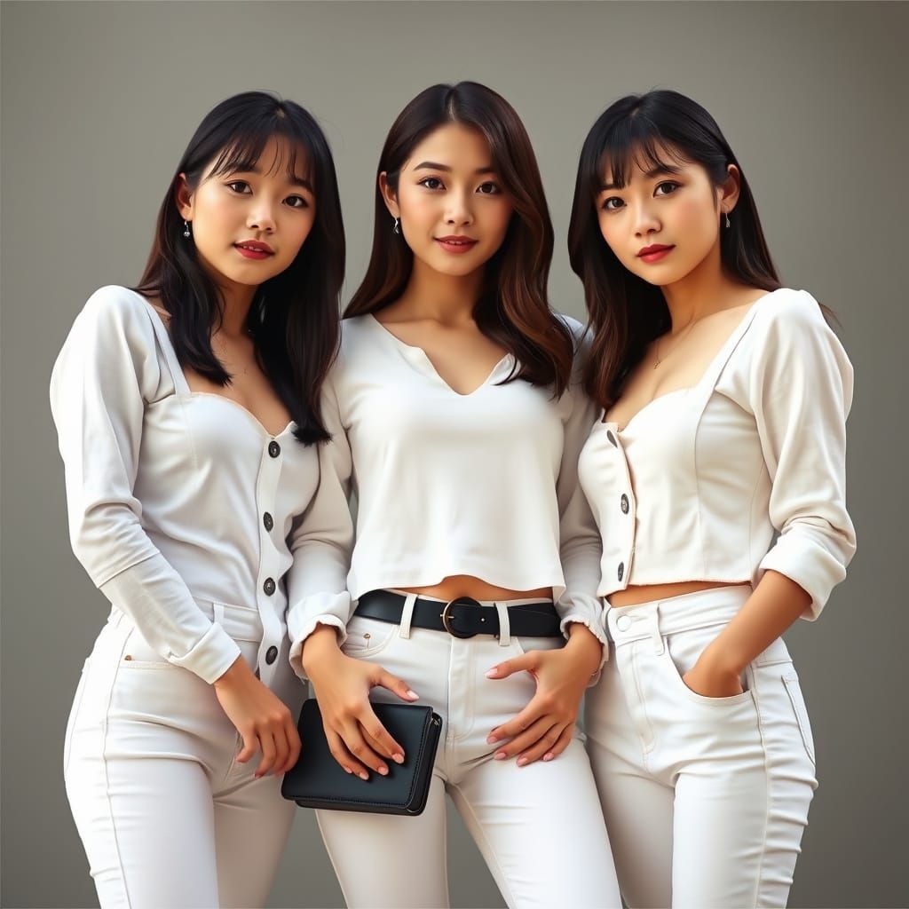 Three Confident Women in White Jeans, Hyper-Realistic Style
