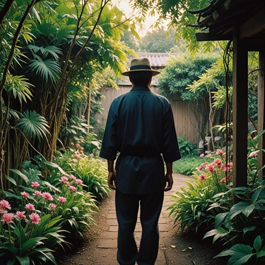 Ethereal Musician in Lush Garden, Shot in Cinematic Style