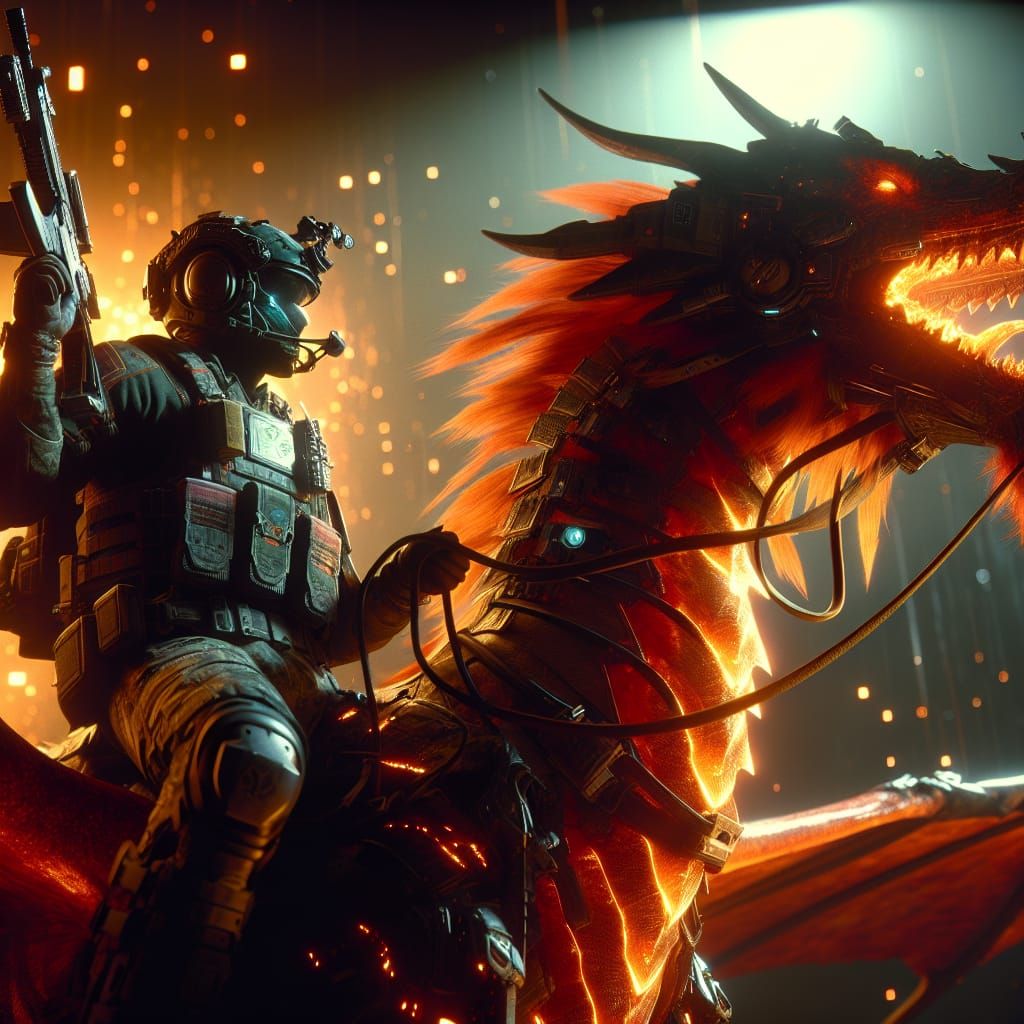 Epic Soldier on Fiery Dragon in 3D Game Style