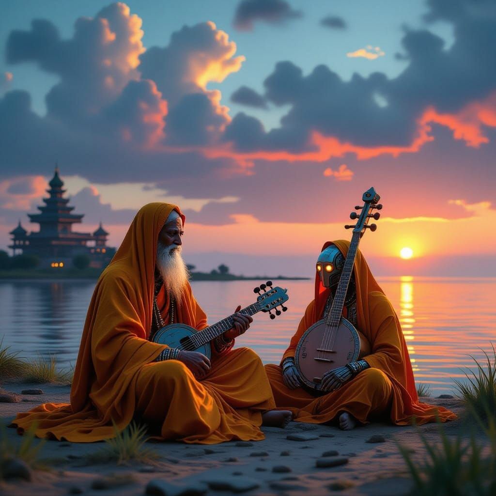 Baul Mystic on Futuristic Island in Cinematic Style