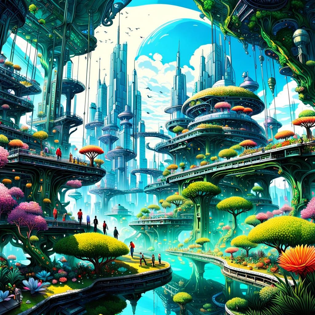 Vibrant Eco Utopia Unfolds in Futuristic Cityscape