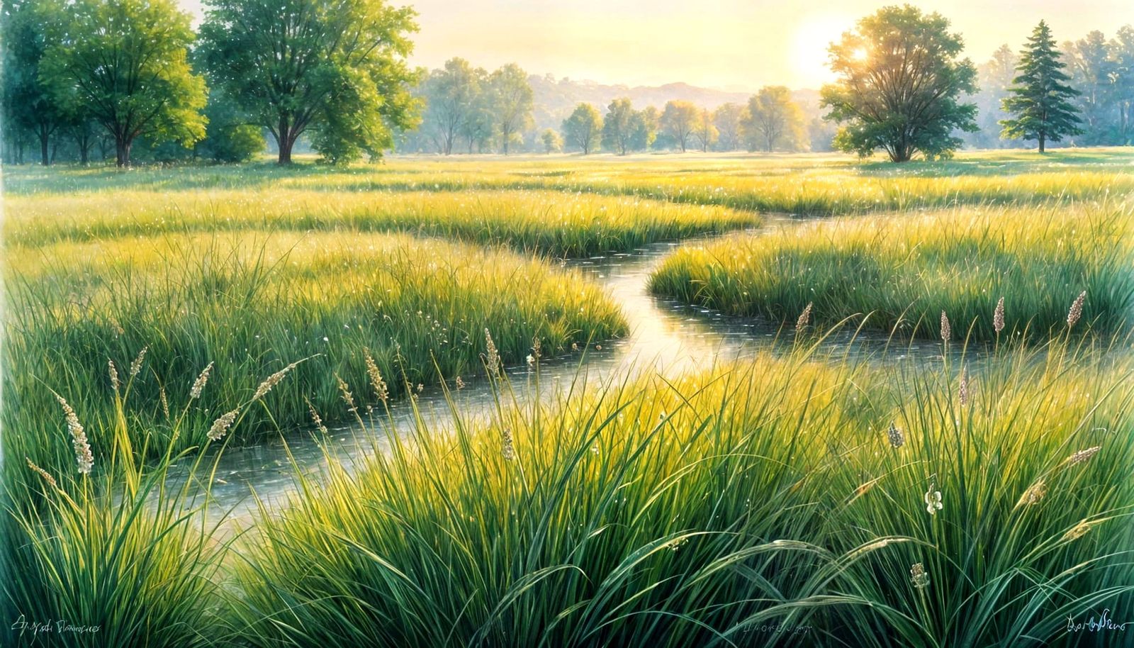 Glowing Dewdrops Meadow Path To Pastel Horizon