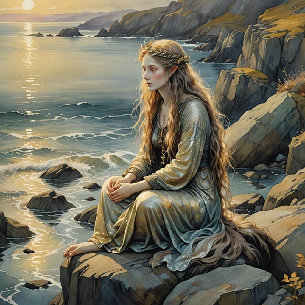 Selkie on Rocky Shoreline in Fantasy Illustration