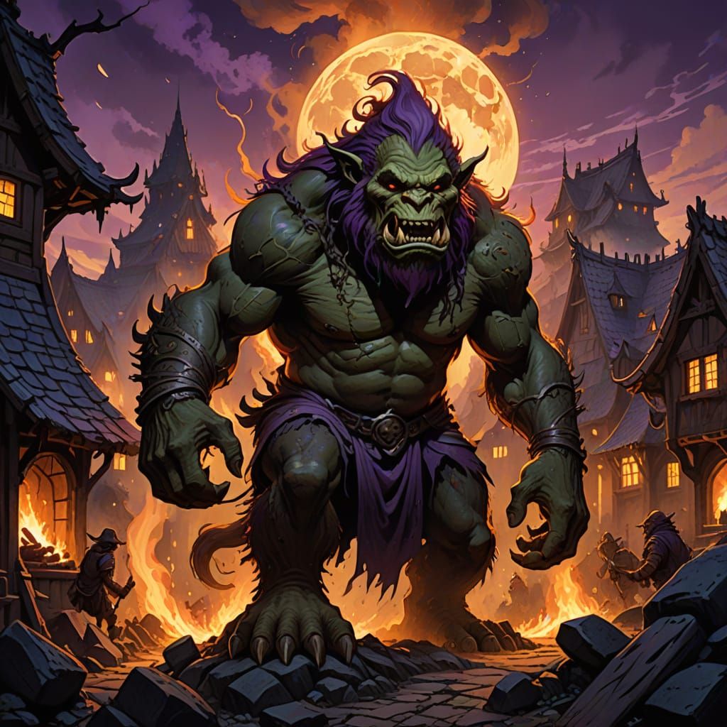 Dark Fantasy Cave Troll Devastates Goblin Village Under Full...