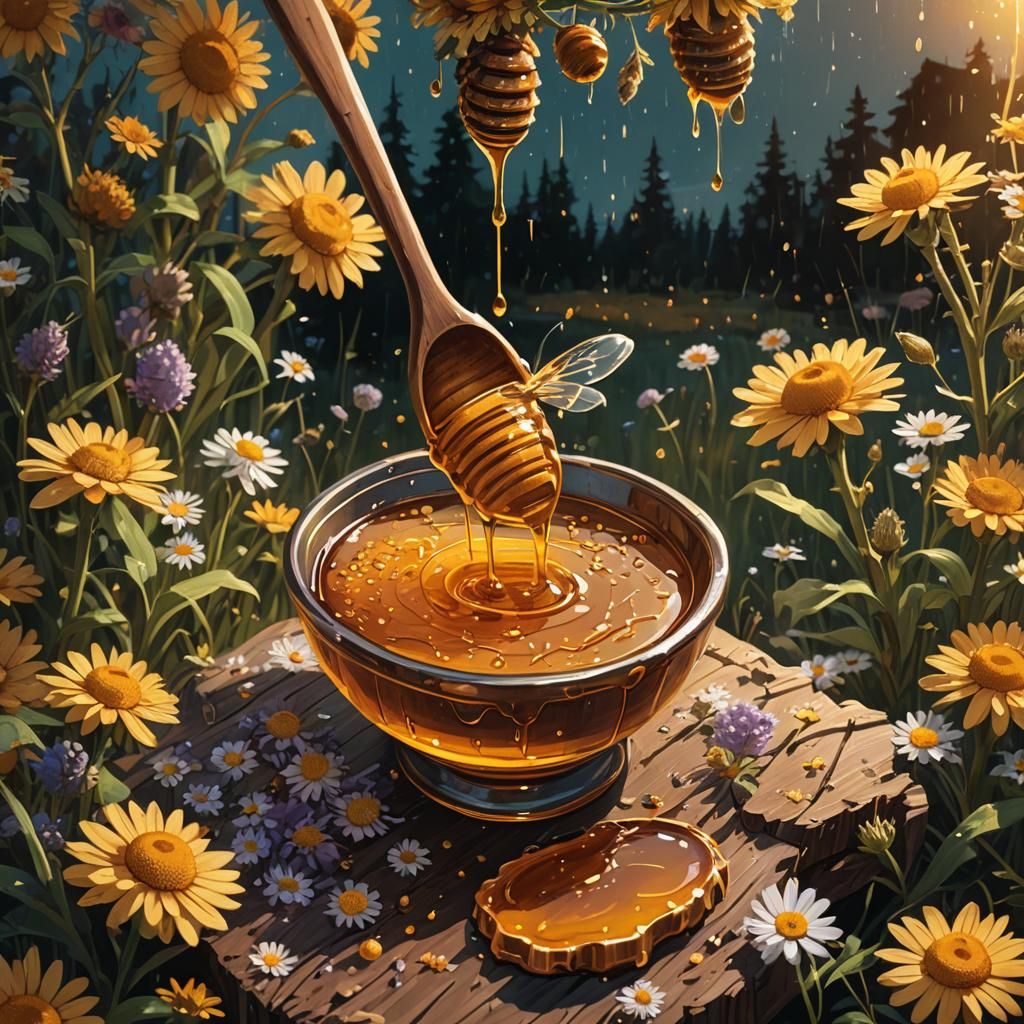 Golden Honey Drips in Vibrant Fantasy Illustration
