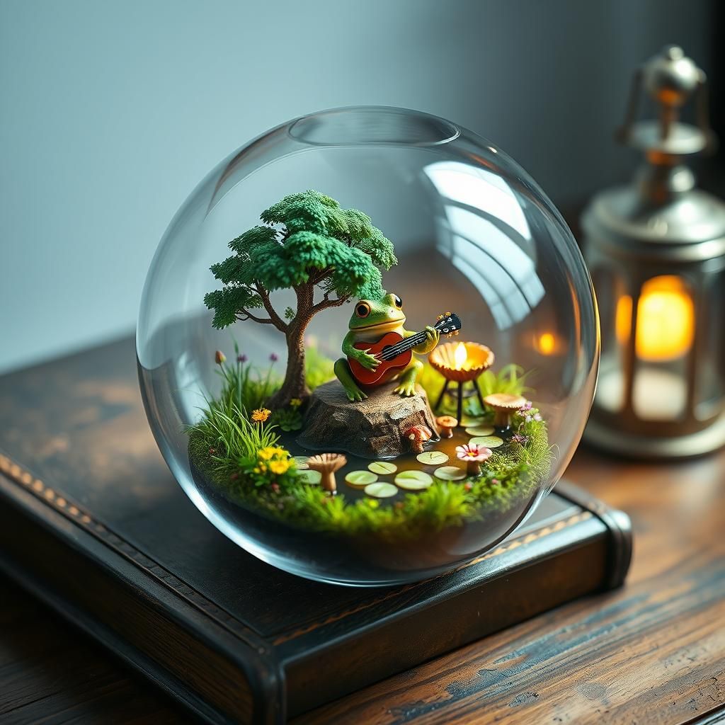 Miniature Ecosystem in Glass Orb with Ukulele Frog