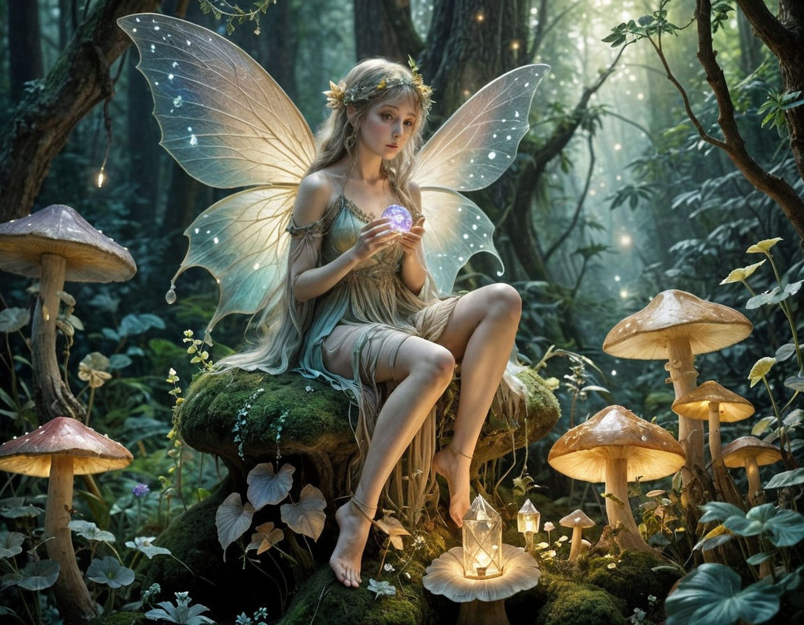 Fairy on Mushroom in Bioluminescent Forest