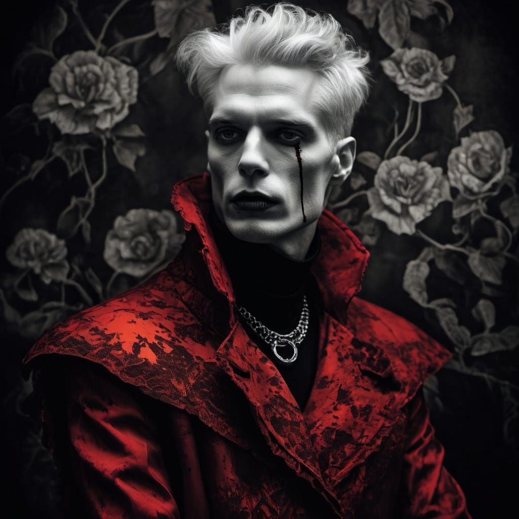 Sophisticated Vampire in Red Silk Attire