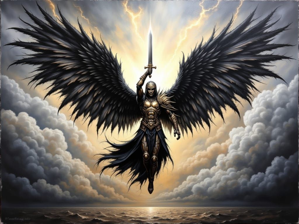 Mythical Warrior Soars Through Turbulent Stormy Sky in Ancie...