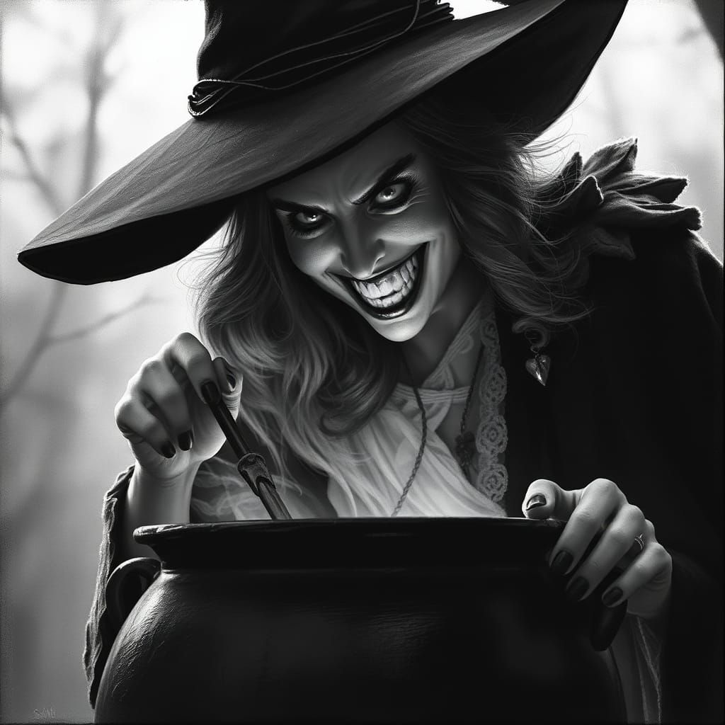 Sinister Witch Stirring Cauldron in Black and White