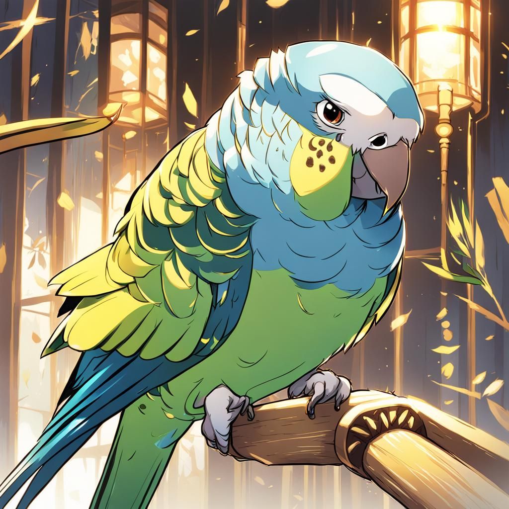Colorful Parakeet in Anime Key Visual Style