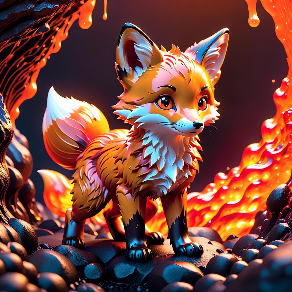 Molten Lava Fox Cub in Hyperrealistic Style