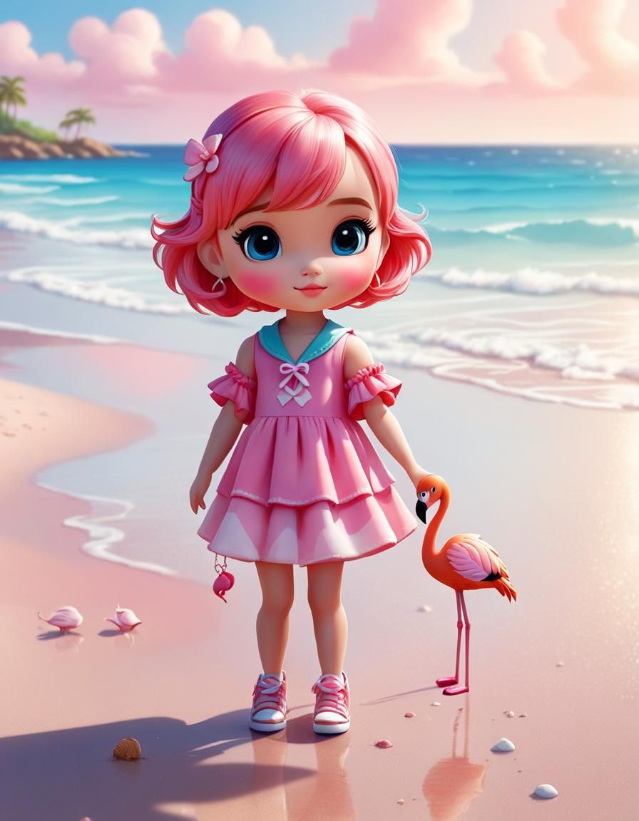 Chibi and Flamingo Beach Scene, Pixar Style