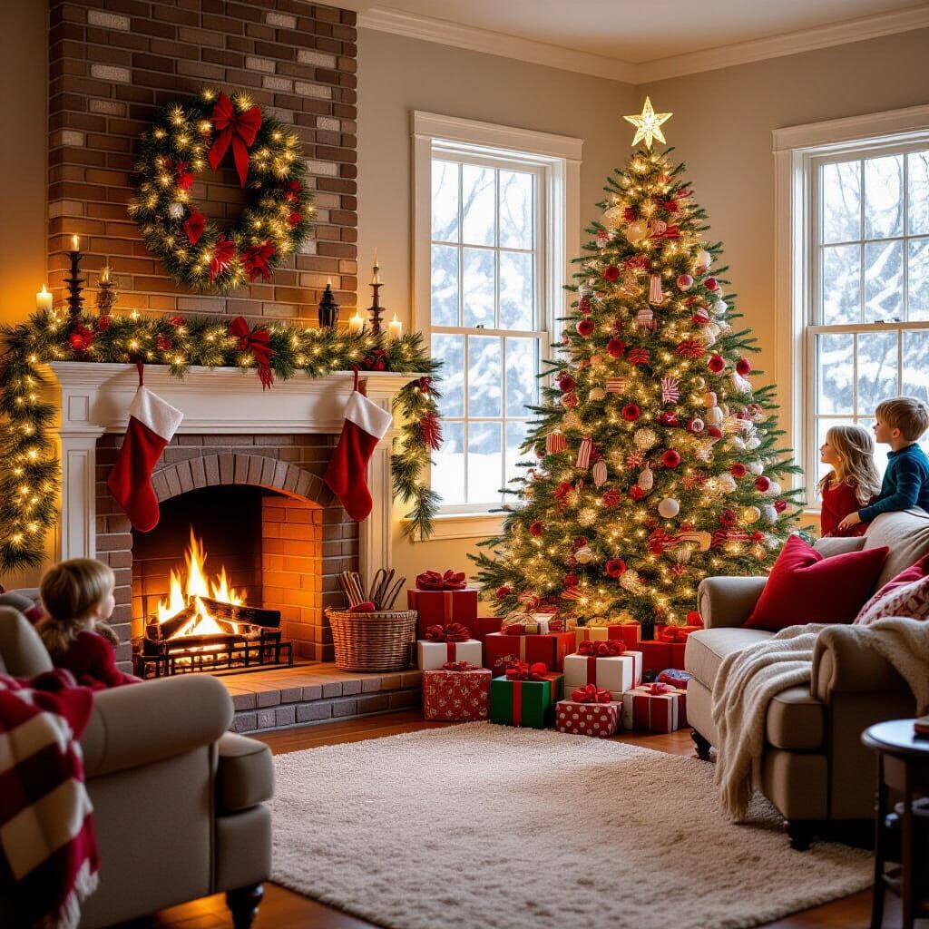 Cozy Christmas Scene: Kids Peek at Festive Tree
