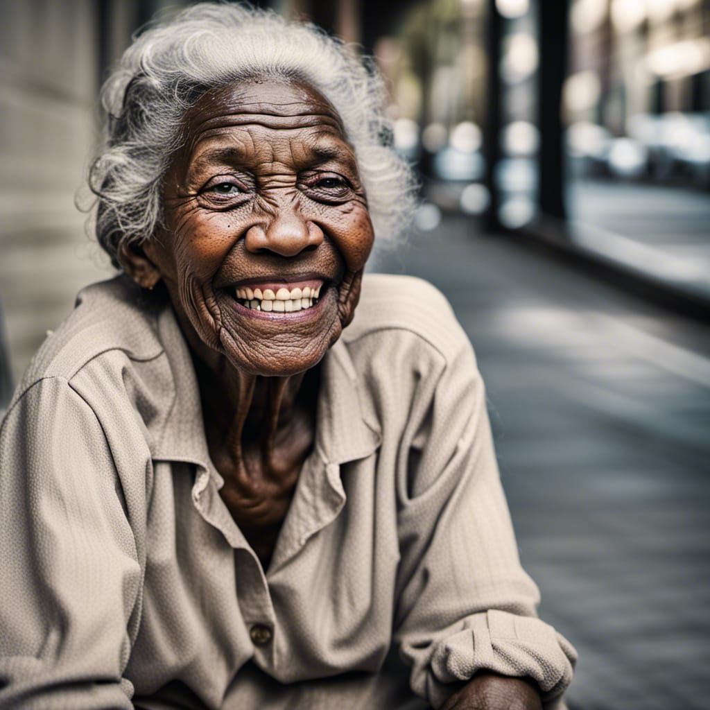 Wrinkled Black Lady Smiling Portrait, Ambient Light