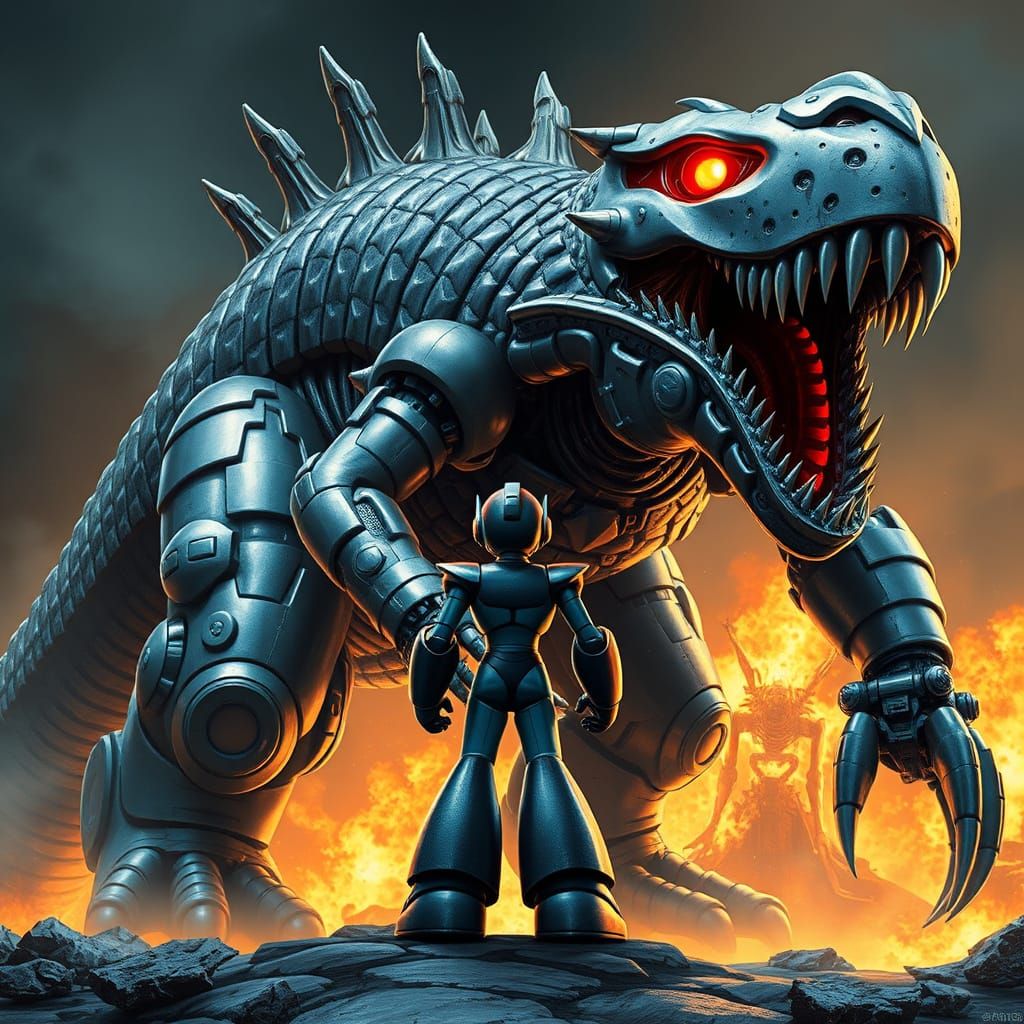 Mega Man vs Robotic Monstrosaur in Industrial Style