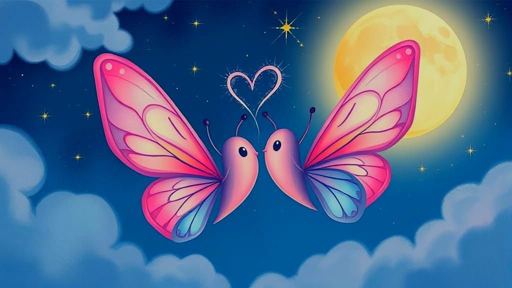Whimsical Cartoon Butterflies Form Heart in Pastel Night Sky