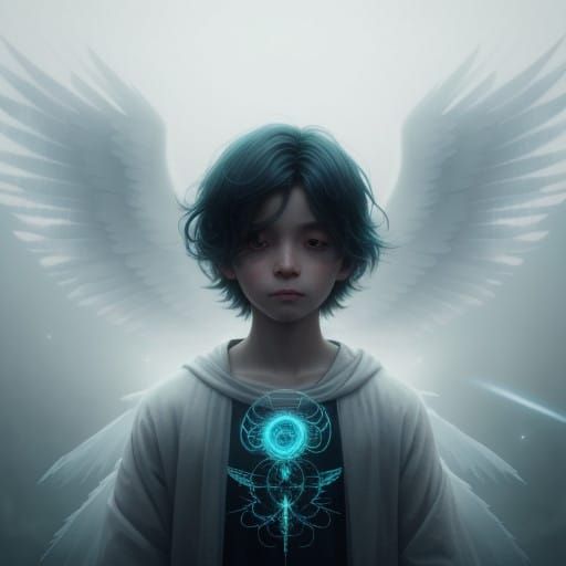 Ethereal Celestial Boy, Shimmering with Soft, Luminescent Sy...