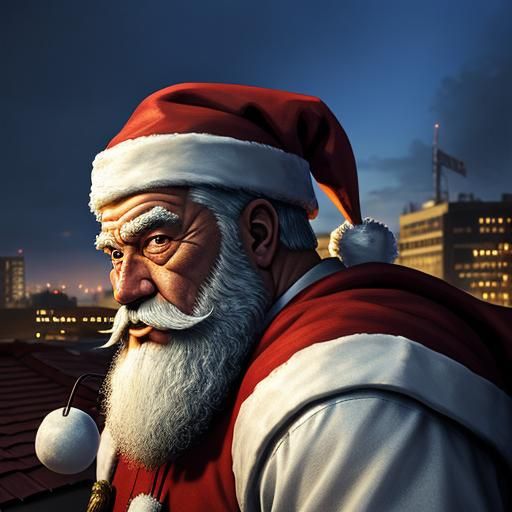 Hyperrealistic Santa Claus on Rooftop Concept Art